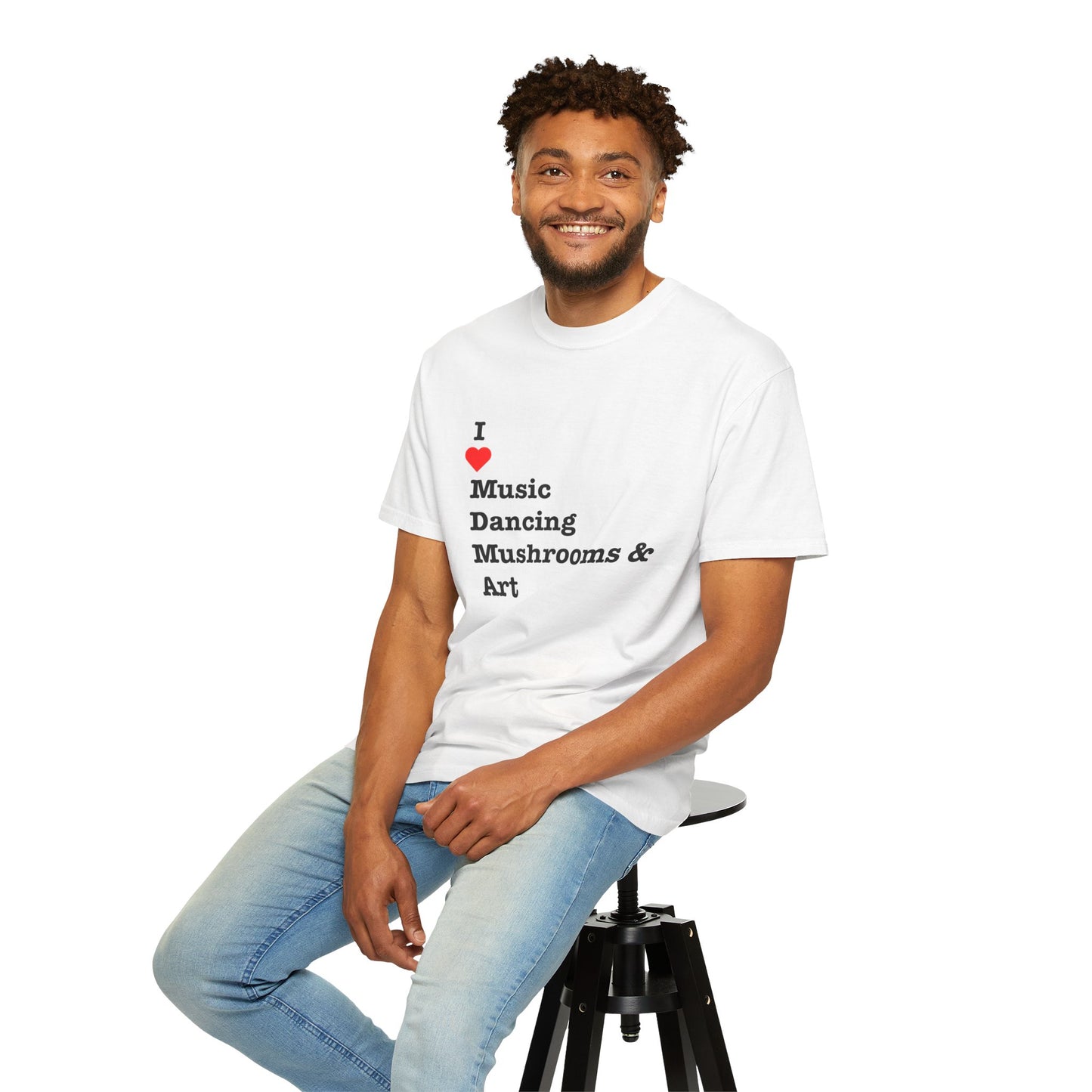 I ❤️ Music Dancing Mushrooms & Art (M.D.M.A). A festival-ready tee for those who vibe with music, and…other recreational activities.
