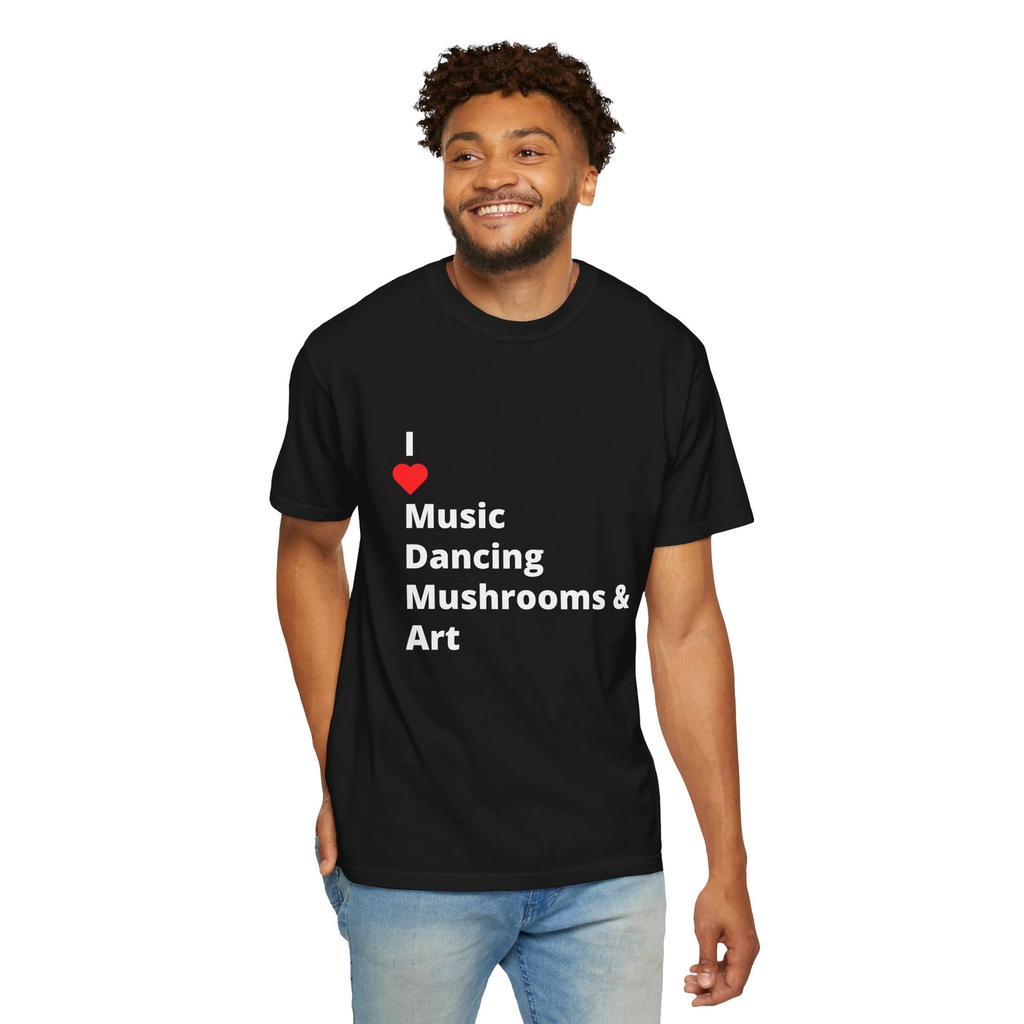 I ❤️ Music Dancing Mushrooms & Art. A festival-ready tee for those who vibe with music, art, and…other recreational activities. 🎶🌿